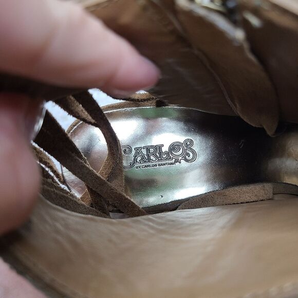 Carlos Santana Jasper 2 Tan Suede Fringed Peep-toe Open Heel Bootie sz 8.5 - Picture 7 of 7